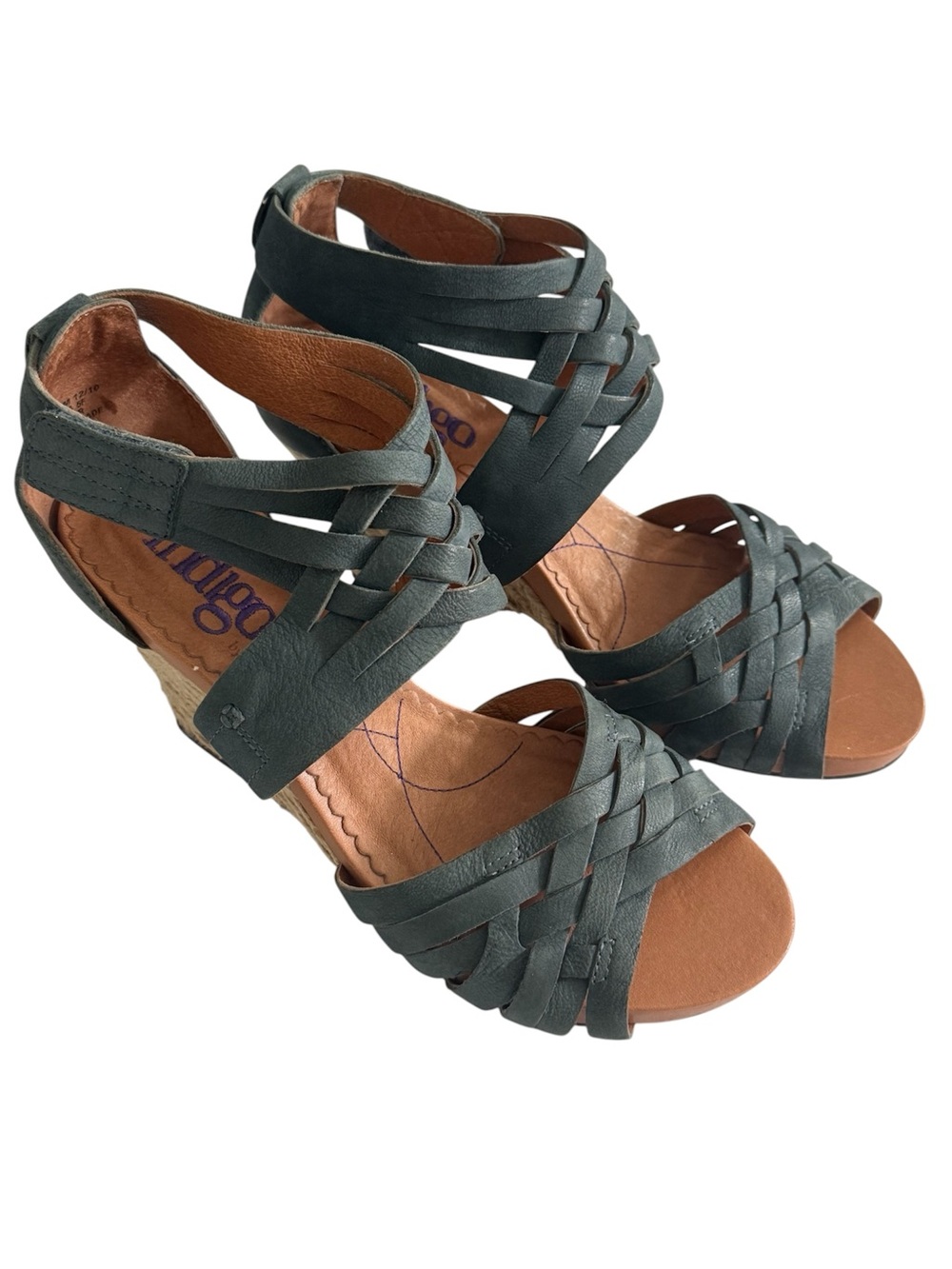 Indigo By Clarks Sky Pocomo Blue Leather Woven Espadrille Wedge Sandals Size 7.5